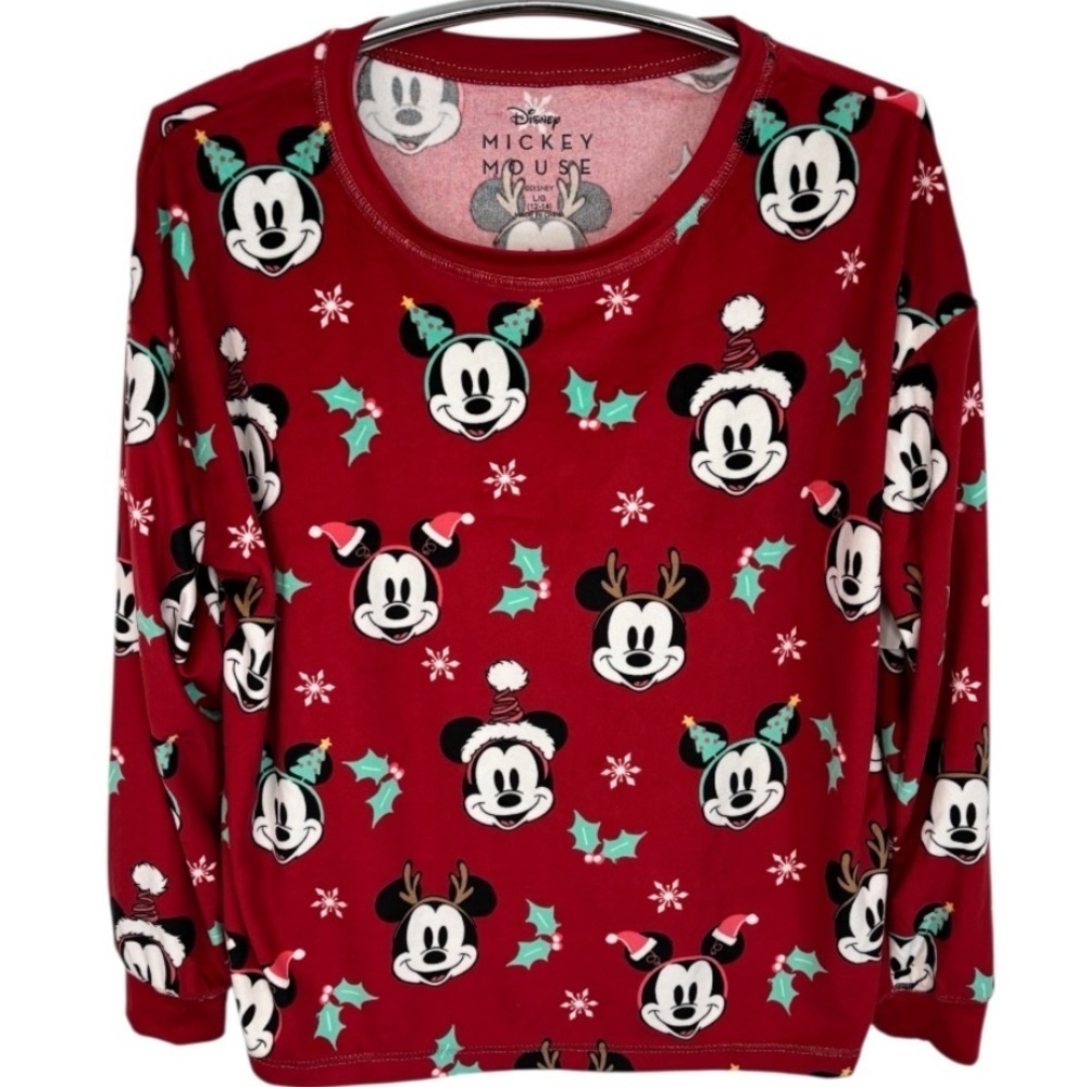 NWT Disney 100% Polyester Kids Red Mickey Mouse Holiday Pajama Top